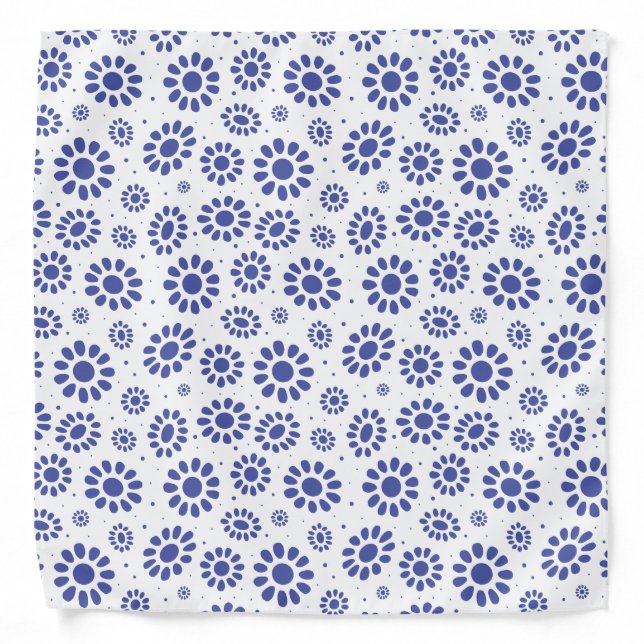Abstract Blue White Flower Pattern Bandana (Front)