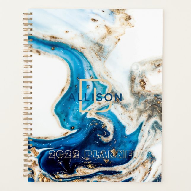 Abstract Blue White Gold Marble Monogram  Planner (Front)