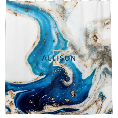 Abstract Blue White Gold Marble Monogram Shower Curtain