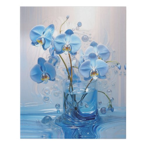 Abstract blue_white orchids with drops faux canvas print