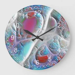 Abstract Blue & White Quilt - Pink & Cyan Fractal Large Clock