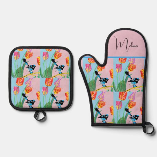 Abstract Blue Wren Australian Bird Birds Womens Oven Mitt &amp; Pot Holder Set