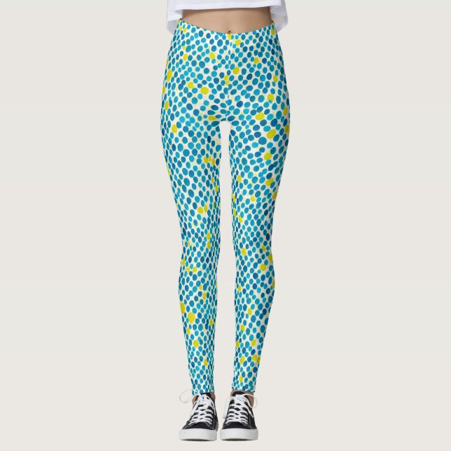 Abstract Blue Yellow Circle Dot Watercolor Pattern Leggings (Front)