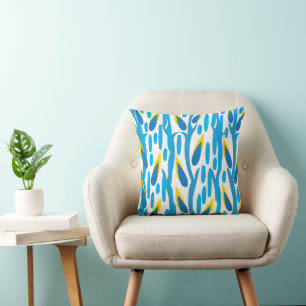 Abstract Blue Yellow Leaves  Throw Pillow