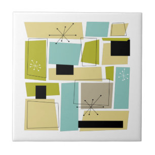 Abstract Blue Yellow Squares Mid Century Ceramic Tile