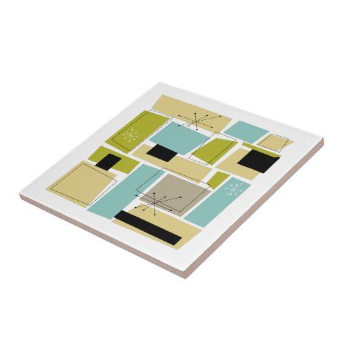 Abstract Blue Yellow Squares Mid Century Ceramic Tile