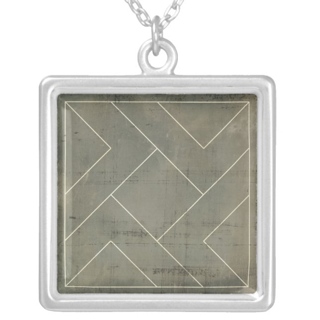 Abstract Blueprint with Geometric Shapes Silver Plated Necklace (Front)