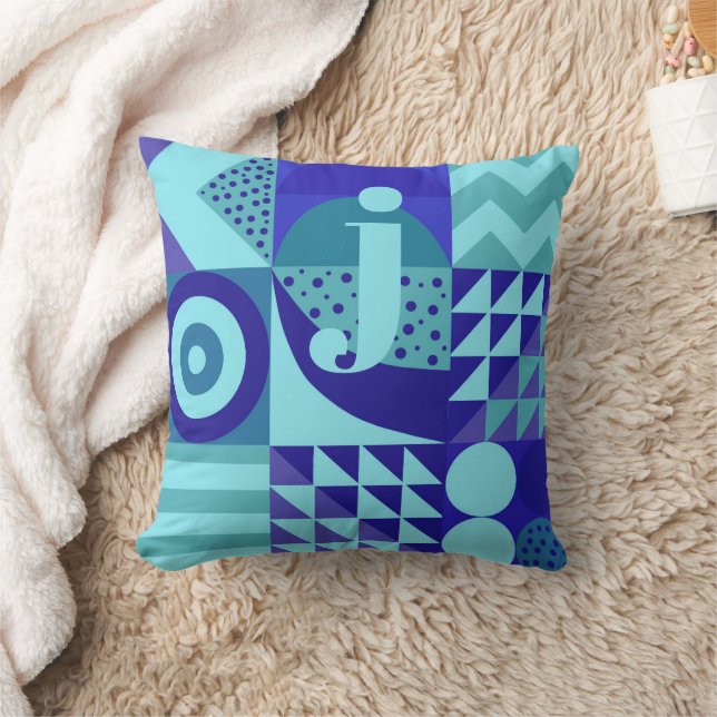 Abstract blues greens geometric shapes monogram throw pillow (Blanket)