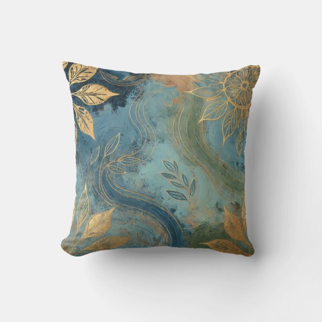 Abstract Bluish-Golden Leaf Artwork Style 26 Throw Pillow (Front)