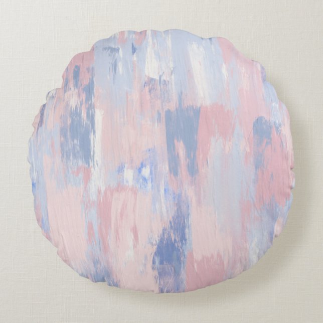 Abstract Blush and Blue Paint Strokes Round Pillow (Front)