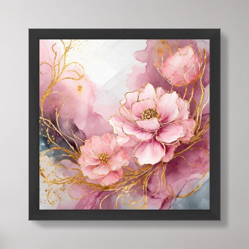 Abstract blush and gold watercolor flowers framed art