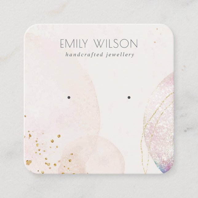 Abstract Blush Gold Watercolor Earring Display Square Business Card (Front)