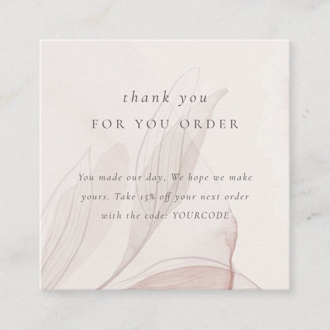 Abstract Blush Leafy Foliage Thank You Discount Square Business Card (Front)