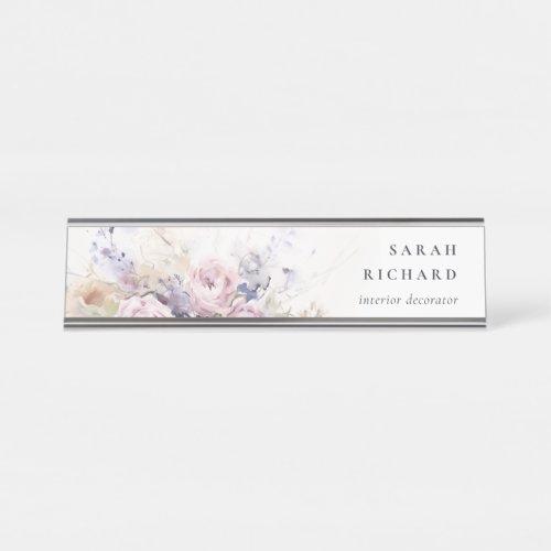 Abstract Blush Lilac Watercolor Rose Floral Bunch Desk Name Plate