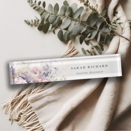 Abstract Blush Lilac Watercolor Rose Floral Bunch Desk Name Plate