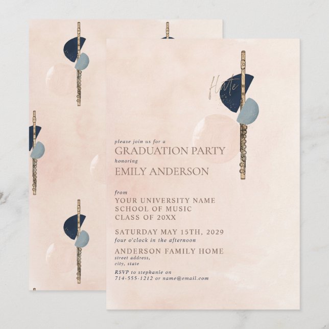 Abstract Blush Pink & Blue Gold Flute Graduation Invitation (Front/Back)