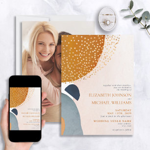 Abstract Blush Pink Blue Terracotta Photo Wedding Invitation