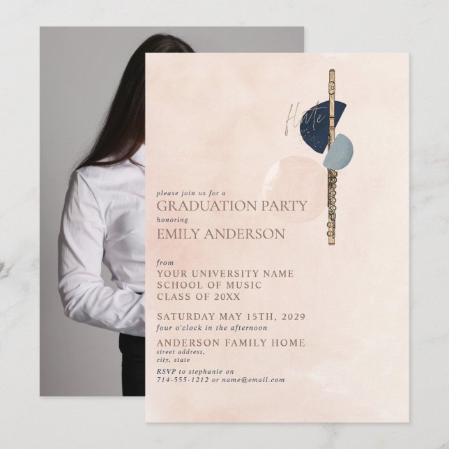 Abstract Blush Pink Gold Flute Photo Graduation Invitation (Front/Back)