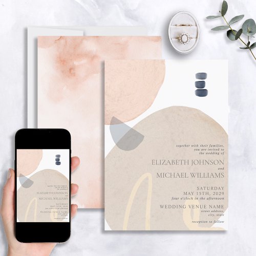 Abstract Blush Pink Navy Blue Neutral Wedding Invitation