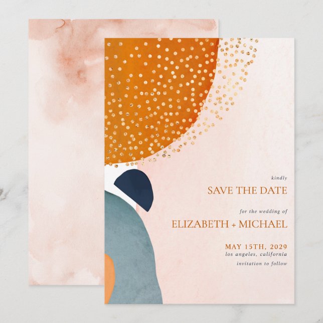 Abstract Blush Pink Navy Blue Terracotta Wedding Save The Date (Front/Back)