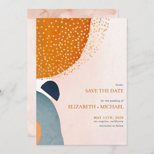 Abstract Blush Pink Navy Blue Terracotta Wedding Save The Date