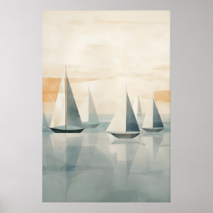 Abstract Boats on Serene Sea - Modern Nautical Art Poster