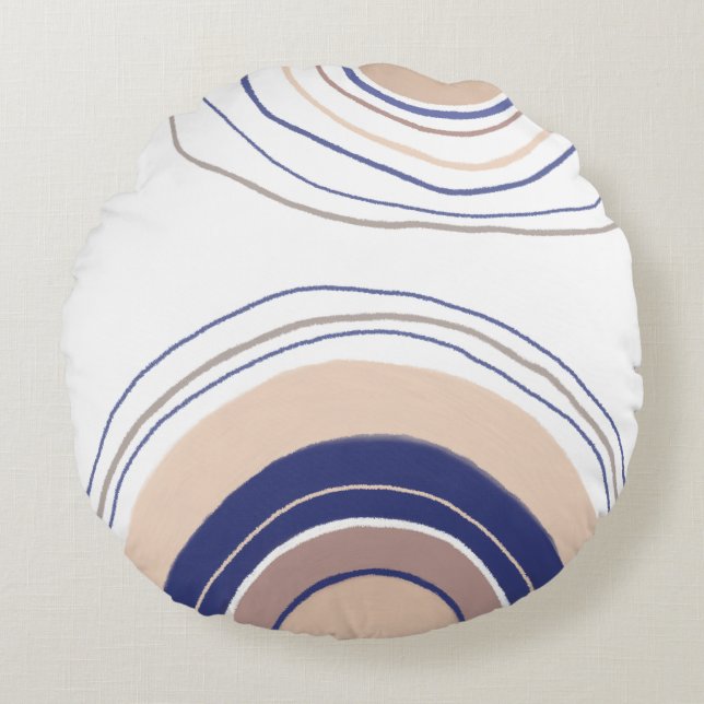 Abstract Boho Arches - Blue and Beige Round Pillow (Front)
