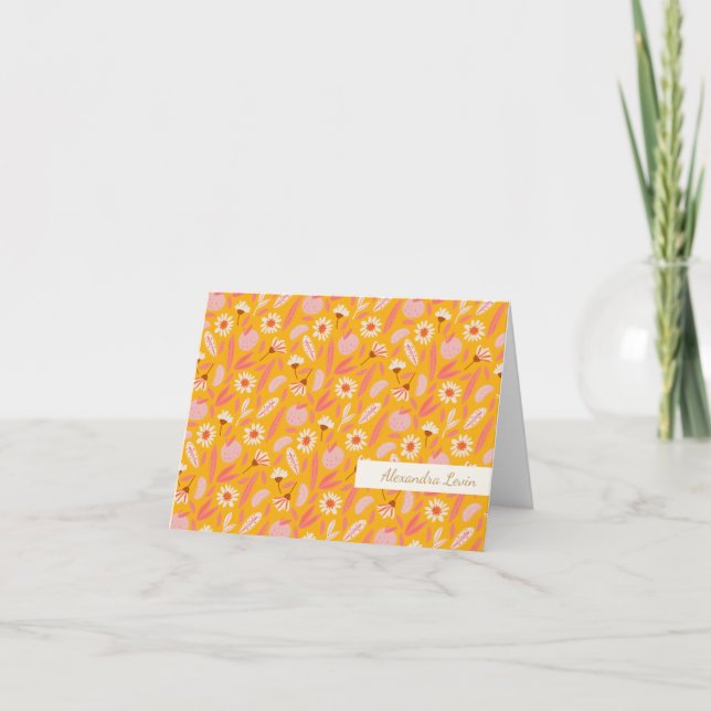 Abstract Boho Botanical Fruit Yellow Script Name Letterpress Thank You Card (Front)