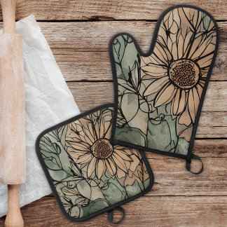 Abstract Boho Floral Sage and Beige Oven Mitt & Pot Holder Set