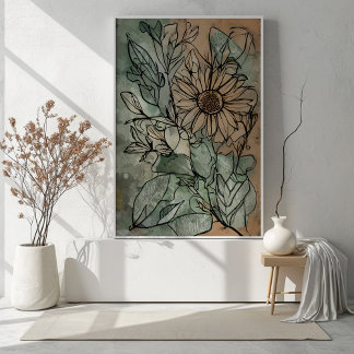 Abstract Boho Floral Sage and Beige Poster
