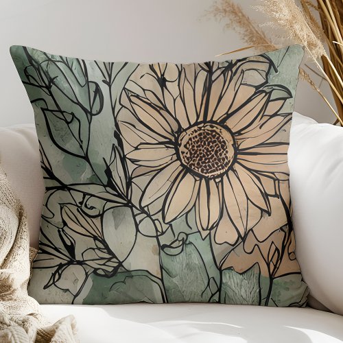 Abstract Boho Floral Sage and Beige Throw Pillow