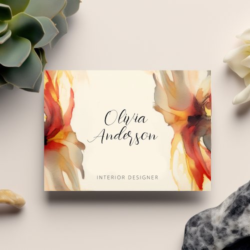 Abstract Boho floral Watercolor Warm Colors Script Business Card