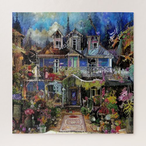 Abstract Boho Haunted House Floral Collage Jigsaw Puzzle