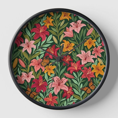 Abstract Boho Lilies Butterflies Art Clocks
