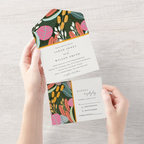 Abstract Bold Colorful Tropical Botanical Wedding All In One Invitation