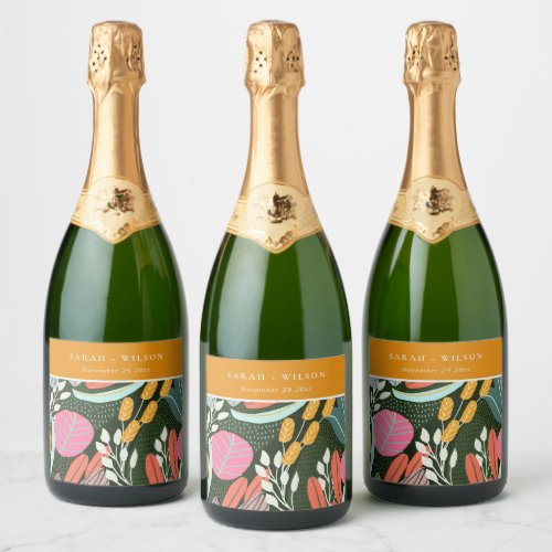 Abstract Bold Colorful Tropical Botanical Wedding Sparkling Wine Label