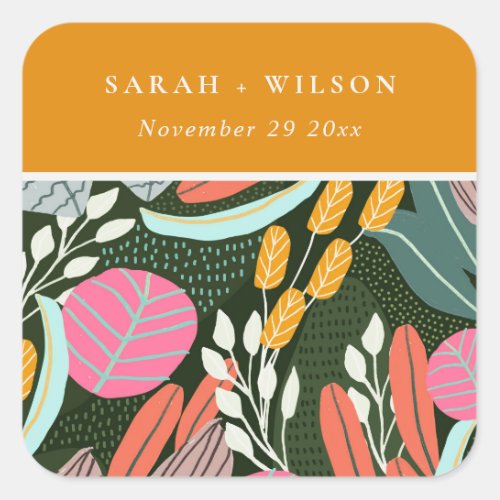 Abstract Bold Colorful Tropical Botanical Wedding Square Sticker