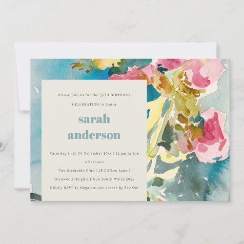 Abstract Bold Pink Blue Floral Any Age Birthday Invitation