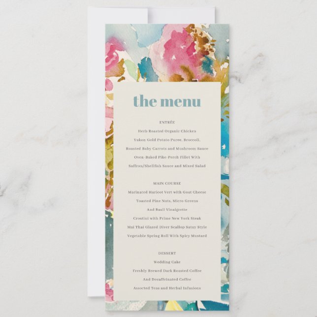 Abstract Bold Pink Blue Floral Wedding Menu Card (Front)