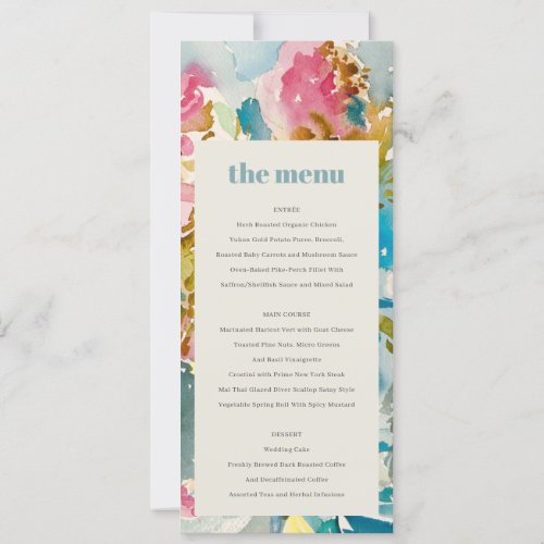 Abstract Bold Pink Blue Floral Wedding Menu Card