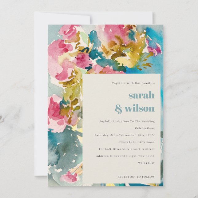 Abstract Bold Pink Blue Watercolor Floral Wedding Invitation (Front)