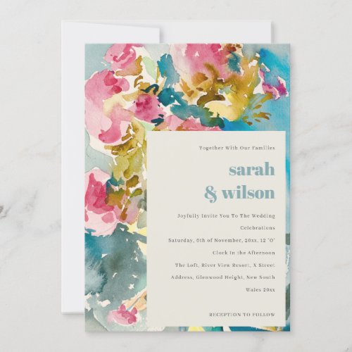 Abstract Bold Pink Blue Watercolor Floral Wedding Invitation