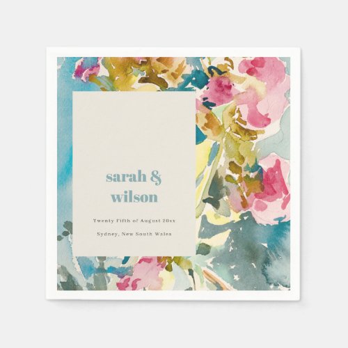 Abstract Bold Pink Blue Watercolor Floral Wedding Napkins