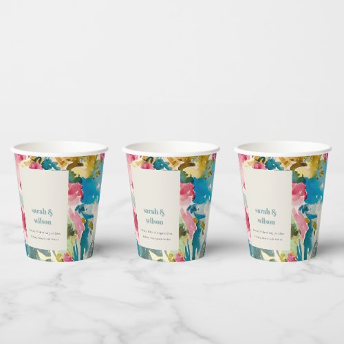 Abstract Bold Pink Blue Watercolor Floral Wedding Paper Cups