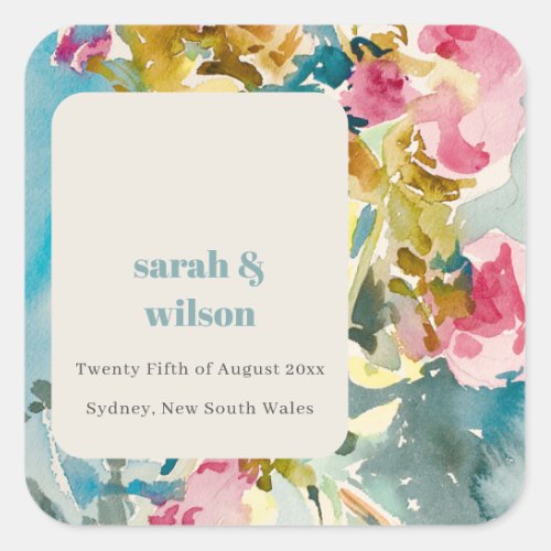 Abstract Bold Pink Blue Watercolor Floral Wedding Square Sticker
