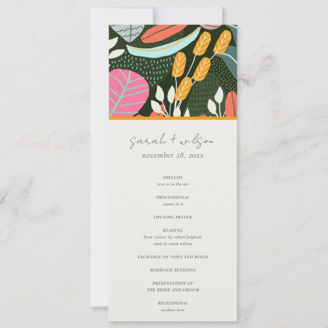 Abstract Bold Tropical Botanical Wedding Program (Front)