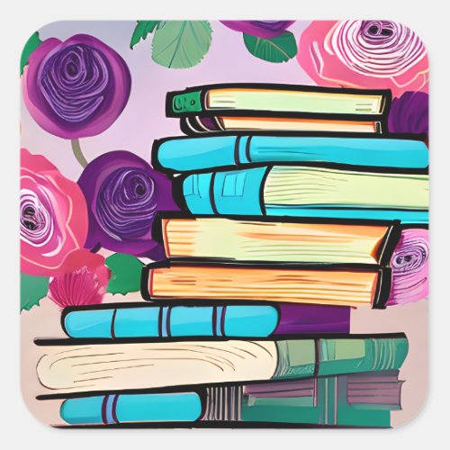 Abstract Books and Flowers  Digital Art Square Sticker