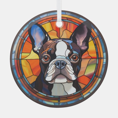 Abstract Boston Terrier Dog Stained Glass Ornament