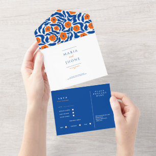 abstract botanical blue orange wedding RSVP All-in All In One Invitation