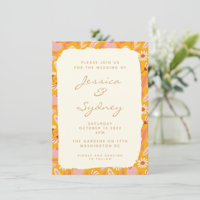 Abstract Botanical Boho Fruit Yellow Wedding Invitation (Standing Front)